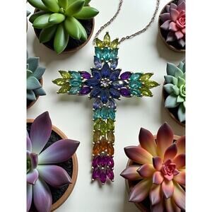 D'Joy Sterling Silver Multi Gemstone Cross Pendant-20'' Italy Chain-Rainbow-Bold